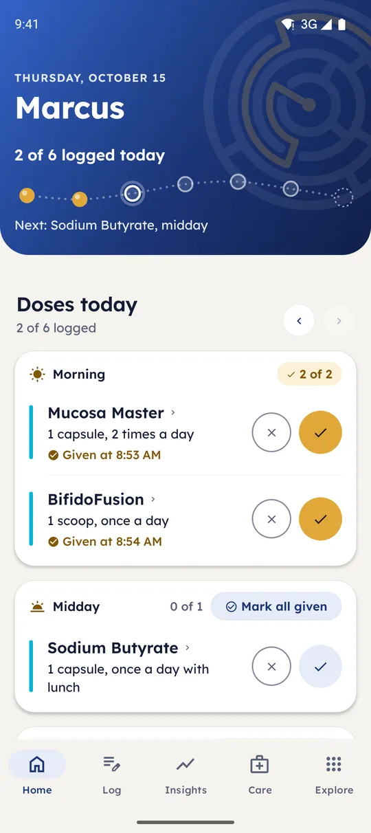 ASD Tracker home screen showing today's doses for a demo child named Marcus